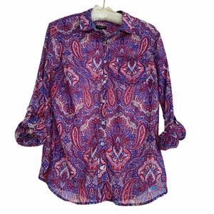 Talbots Paisley Red White Blue Cotton Blouse 8P